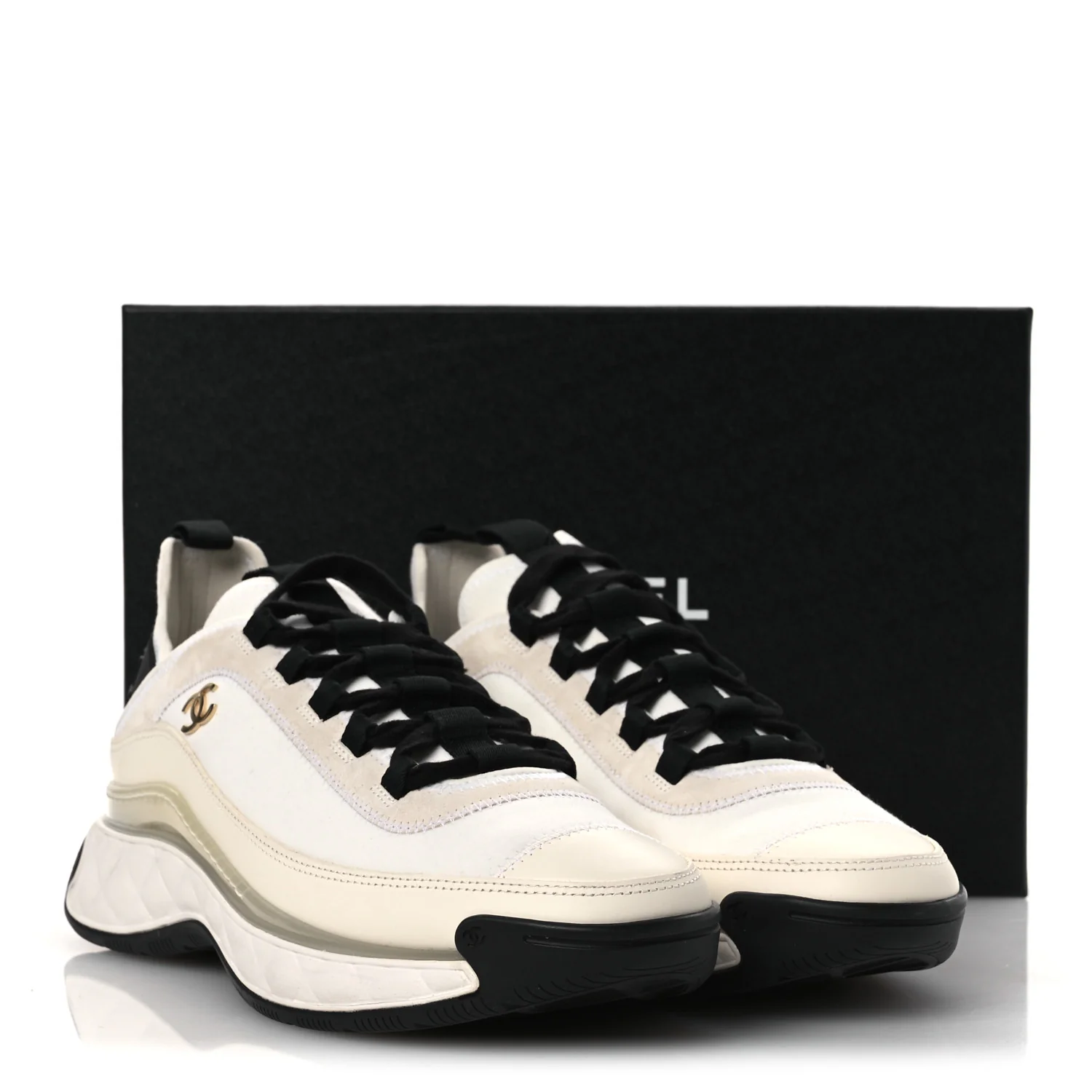 Velvet Calfskin Mixed Fibers CC Sneakers 40.5 Ivory Black - Top Club