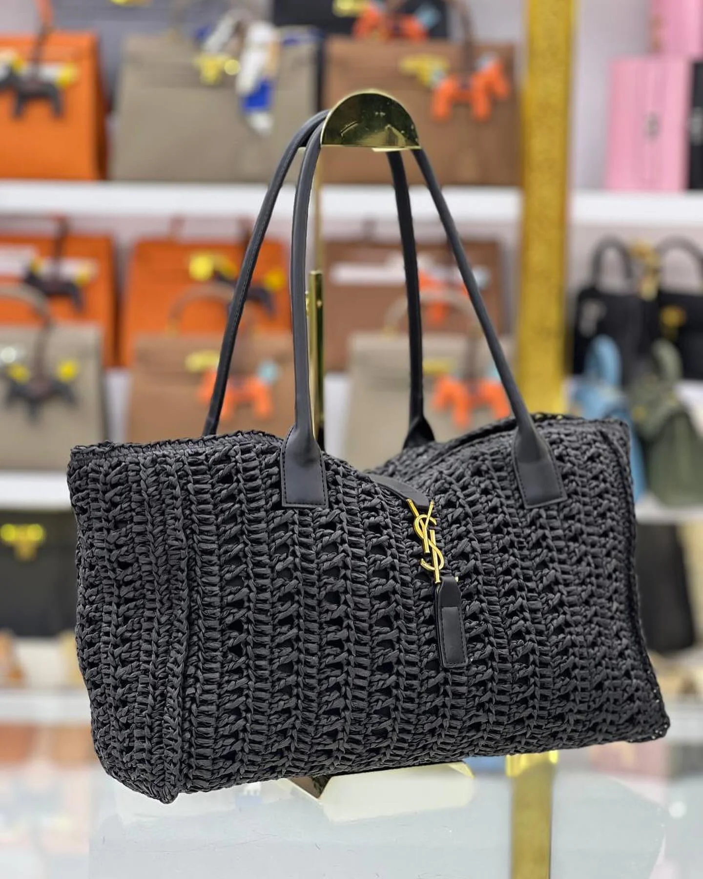 SAINT LAURENT Vegetable basket Hollow grass woven tote bag - Top Club