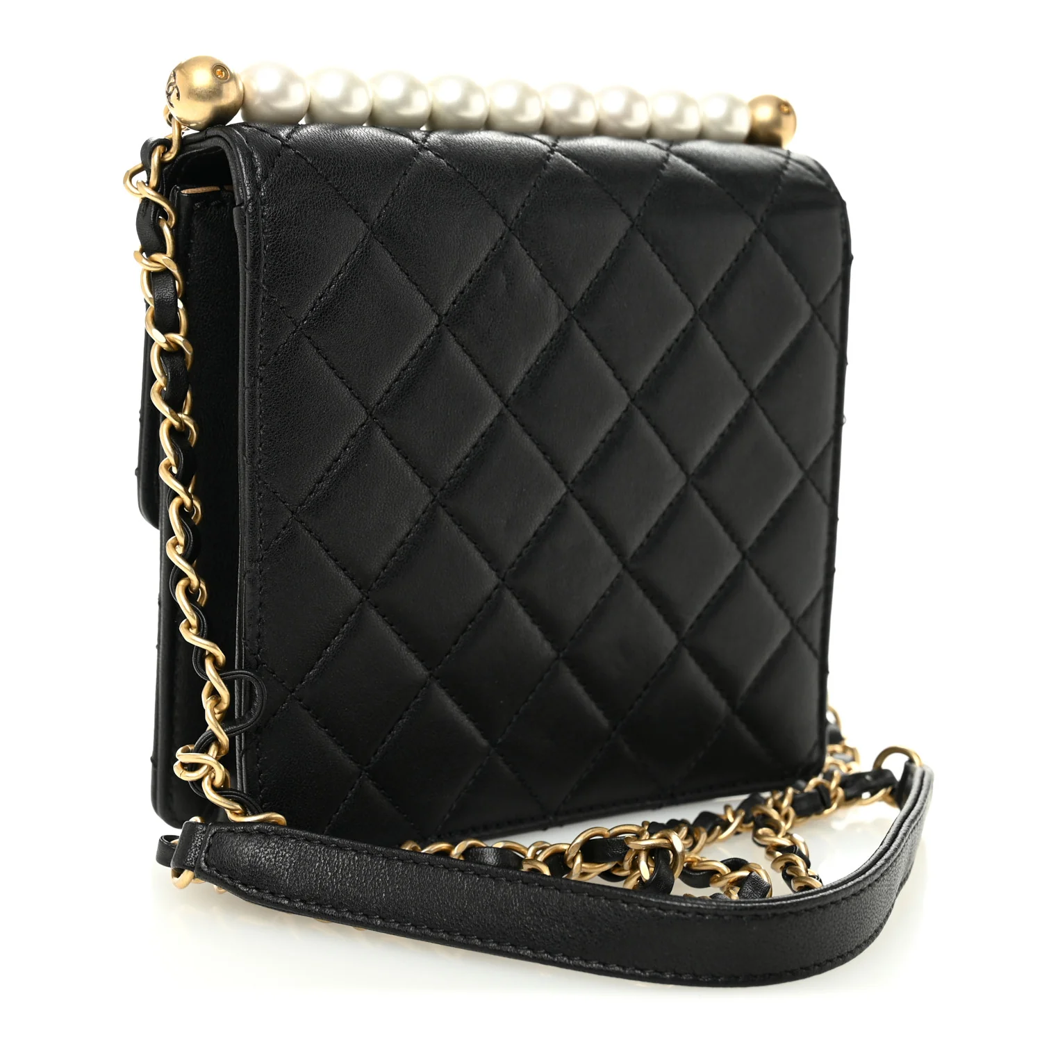 Goatskin Quilted Chic Pearls Flap Black - Top Club