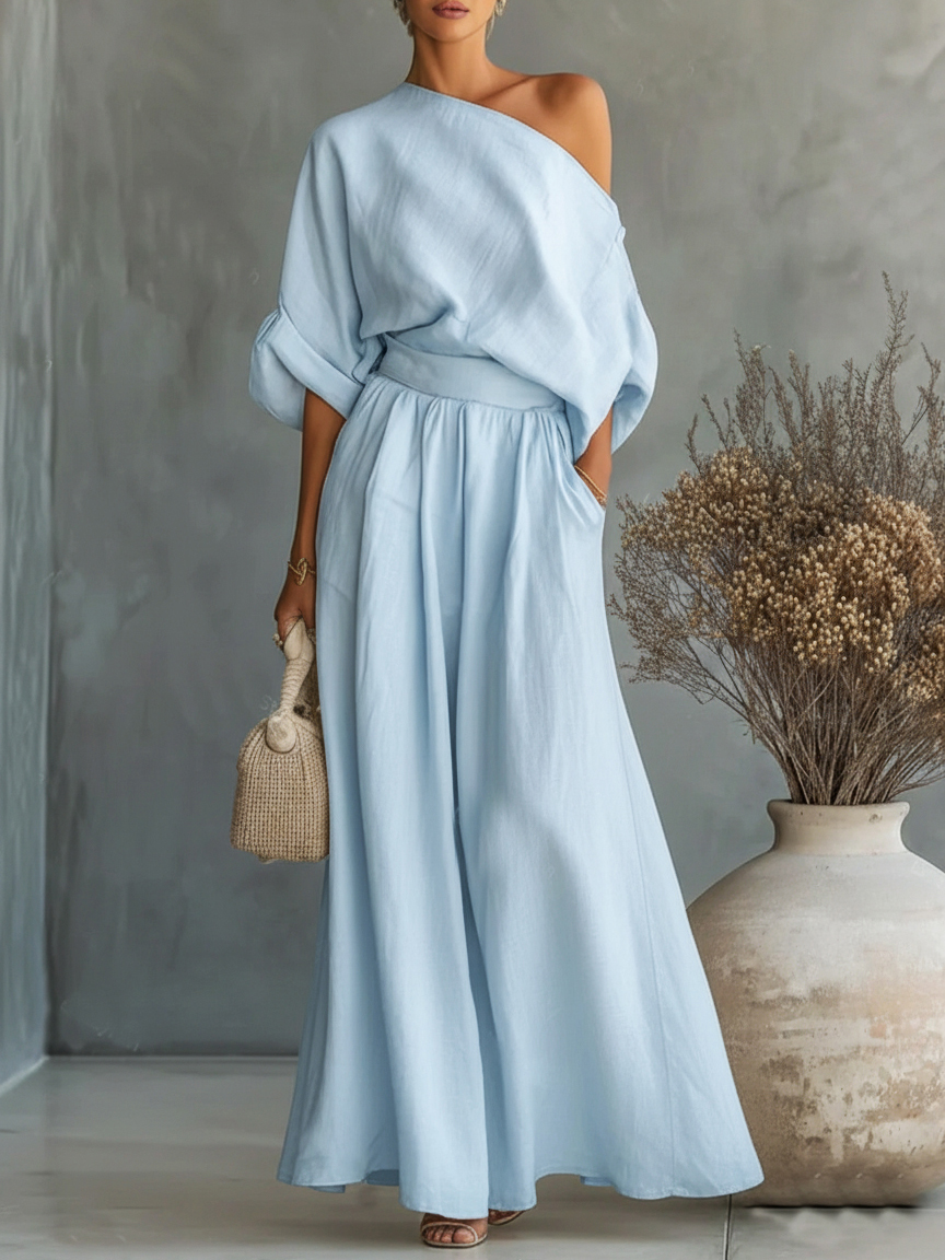 Women's Elegant Off-Shoulder Shirt and Wide-Leg Pants Two-Piece Set - Nordfashionstorm - Women's Clothing, Fashion for You - Nordfashionstorm.com
