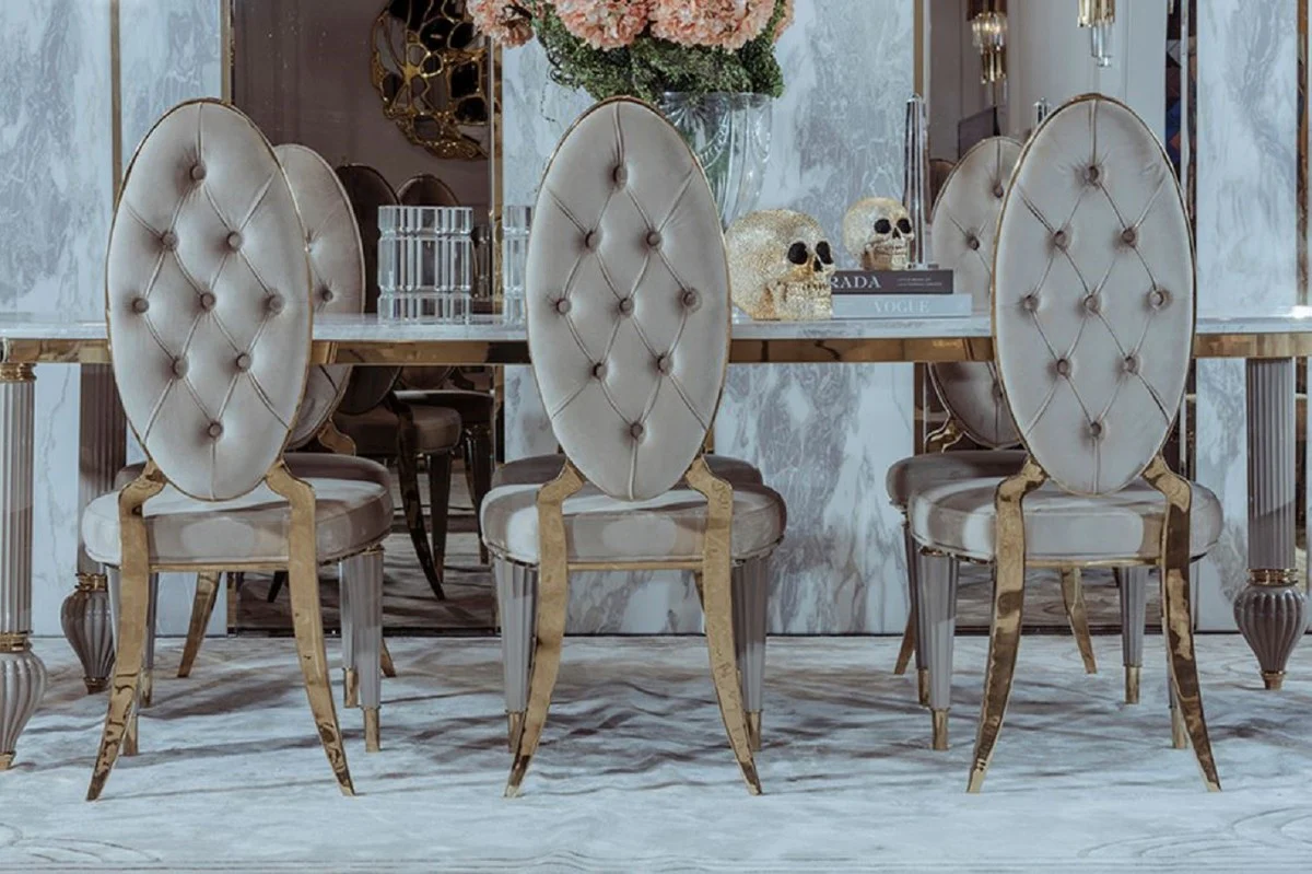 Luxury Art Deco dining room set gray / white / gold - 1 Art Deco dining table with artificial marble table top & 8 Art Deco dining room chairs - Magnificent Art Deco dining room furniture - luxury quality