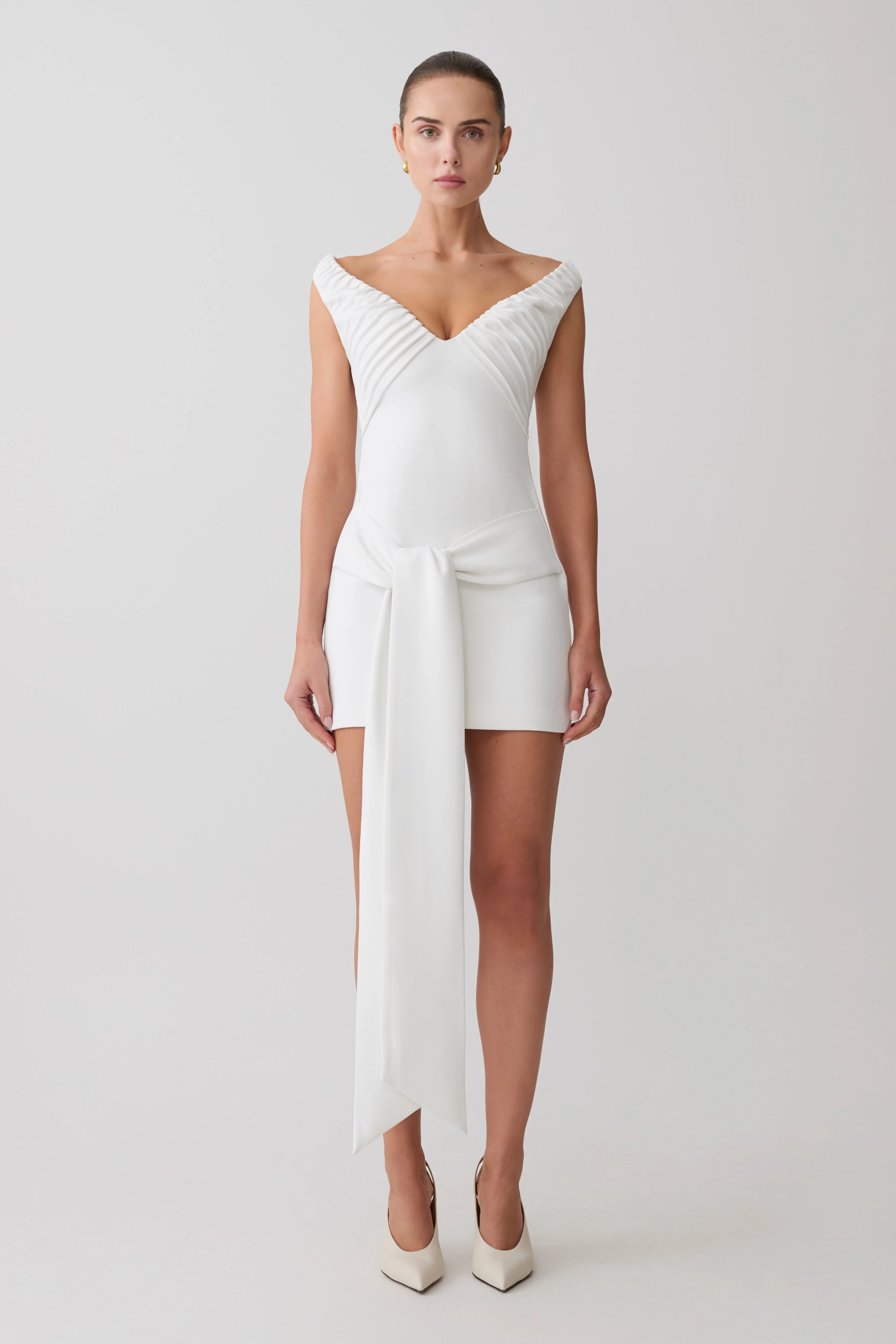 Runa Off Shoulder Mini Dress With Waist Tie - White