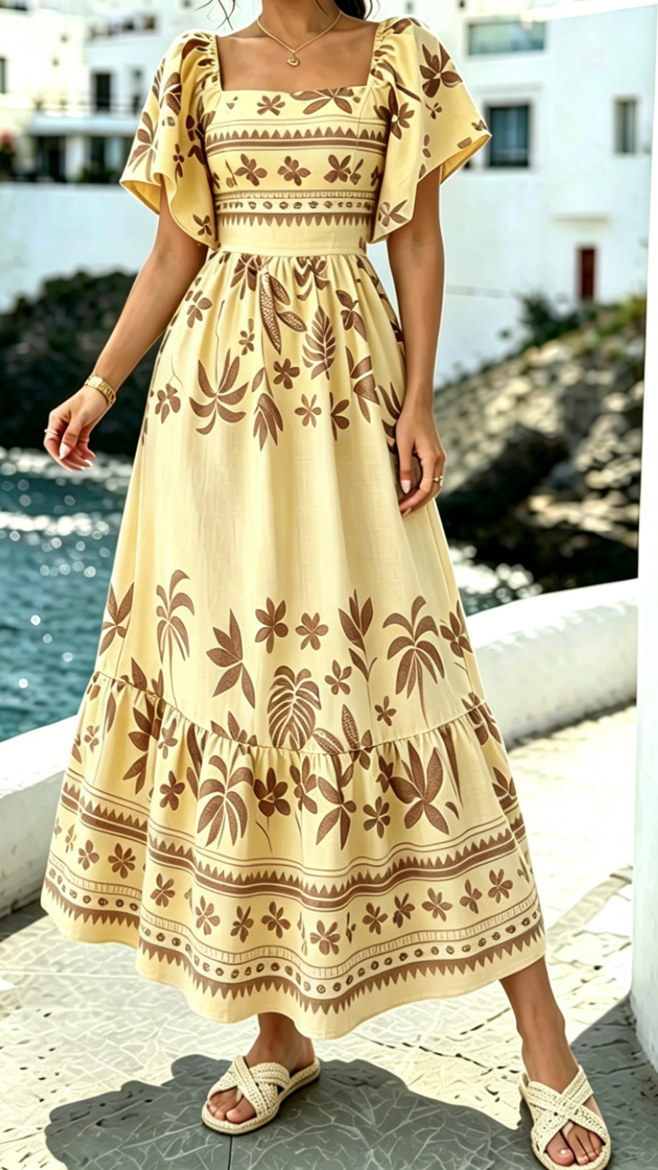 Women's Printed Dress with Square Neckline and Flutter Sleeves - Nordfashionstorm - Women's Clothing, Fashion for You - Nordfashionstorm.com