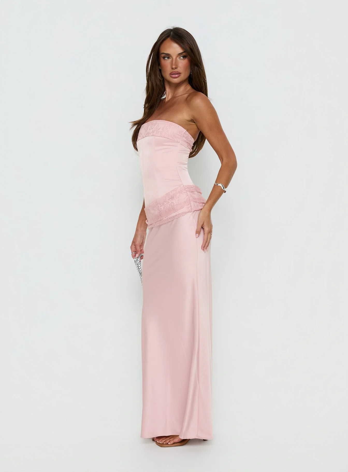Sura Strapless Lace Detail Maxi Dress Pink