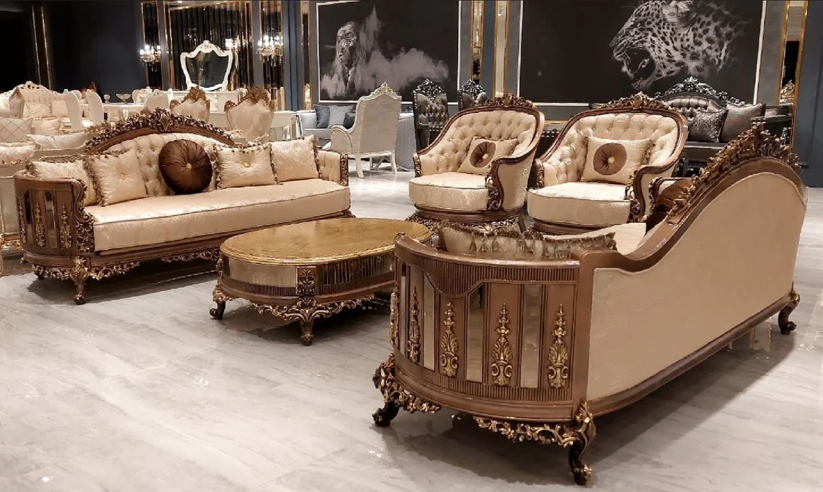 Luxury Baroque Living Room Set Gold / Brown / Gold - 2 Baroque Sofas & 2 Baroque Armchairs & 1 Baroque Coffee Table - Luxury Living Room Furniture in Baroque Style - Baroque Furniture - Noble & Magnificent