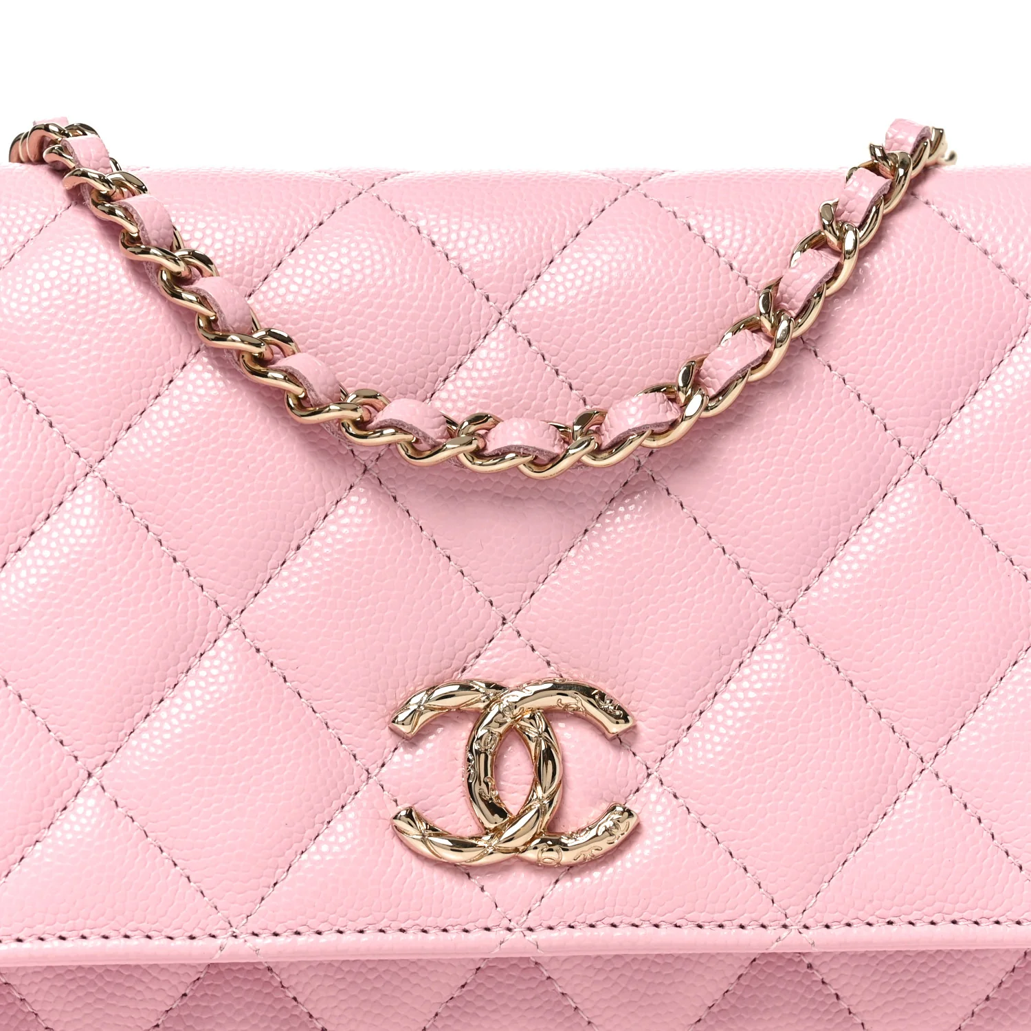 Caviar Quilted Textured CC Wallet on Chain WOC Light Pink - Top Club