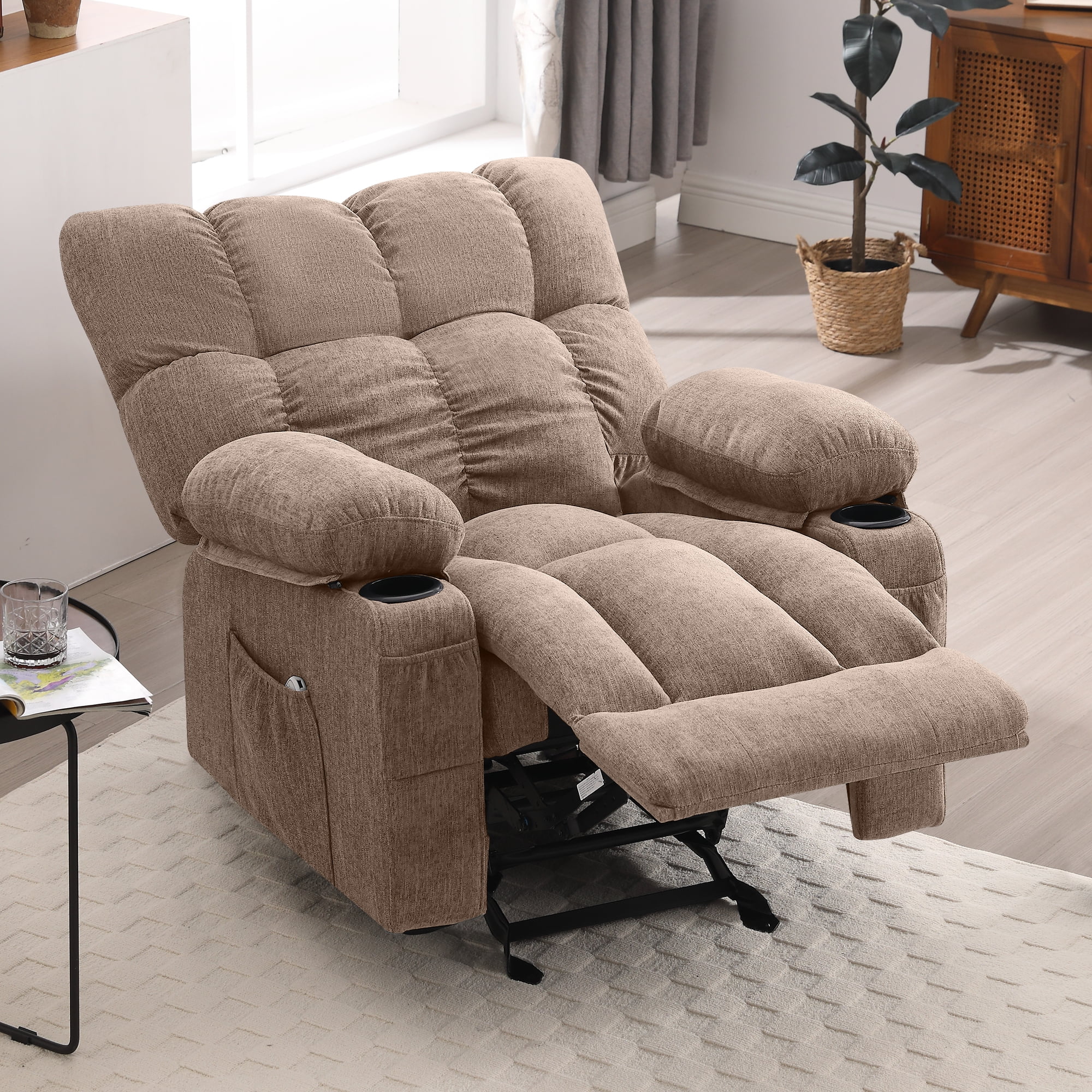 JONPONY Manual Recliner Chair with Heat Therapy and Massage Function, Heavy Duty Reclining Mechanism Massage Chair, Elderly Single Rocker Sofa with Cup Holders for Bedroom Home Theater, Grey