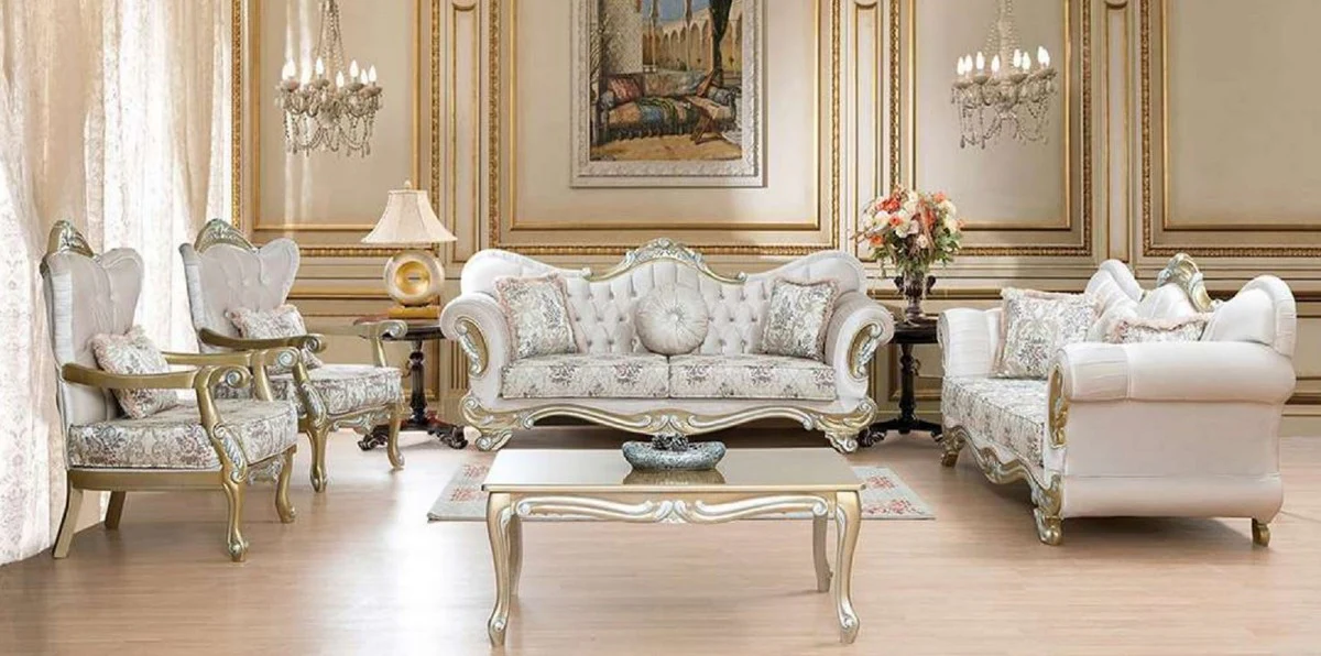 Luxury Baroque Living Room Set Pink / Multicolored / Gold / Silver - 2 Sofas with Pattern & 2 Armchairs with Pattern & 1 Coffee Table - Magnificent Baroque Living Room Furniture
