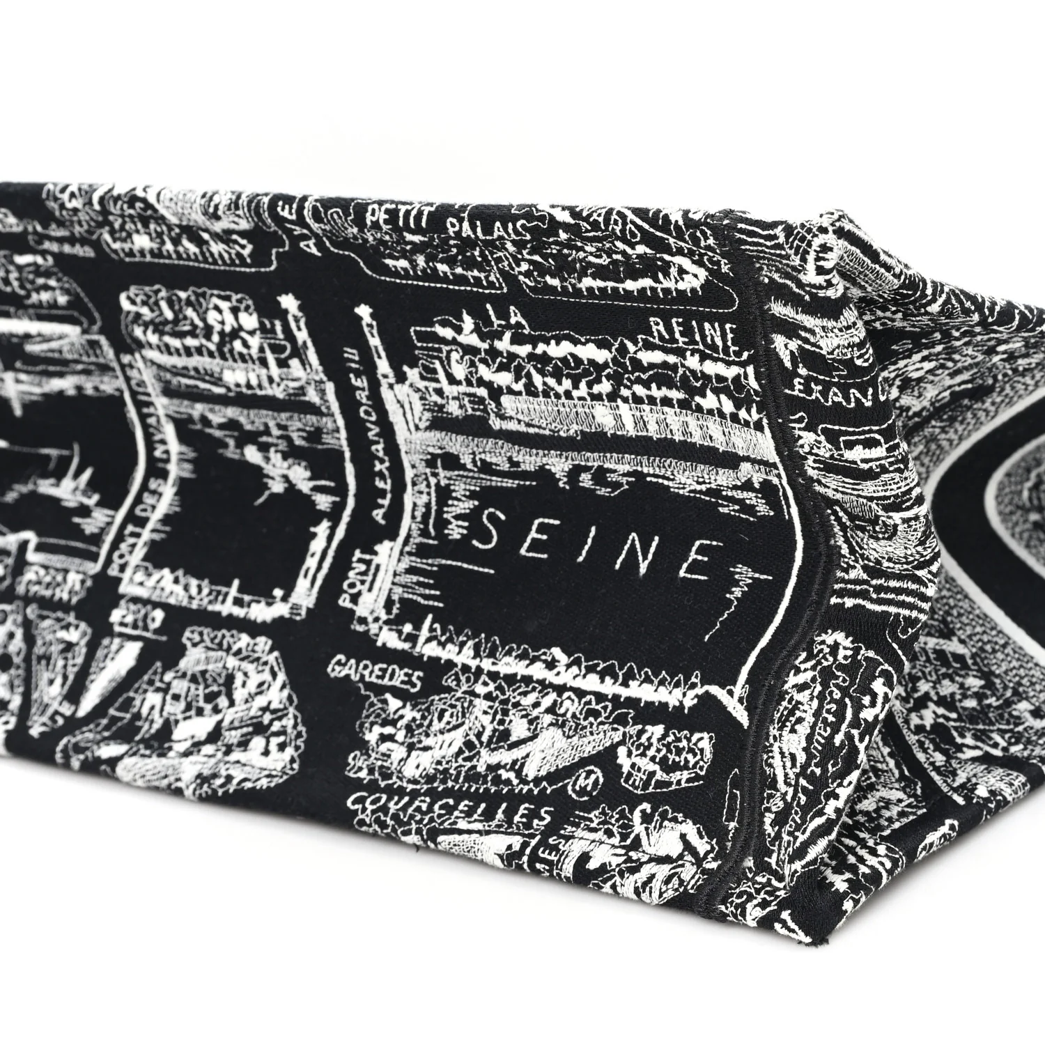 Canvas Embroidered Large Plan De Paris Book Tote Black White - Top Club