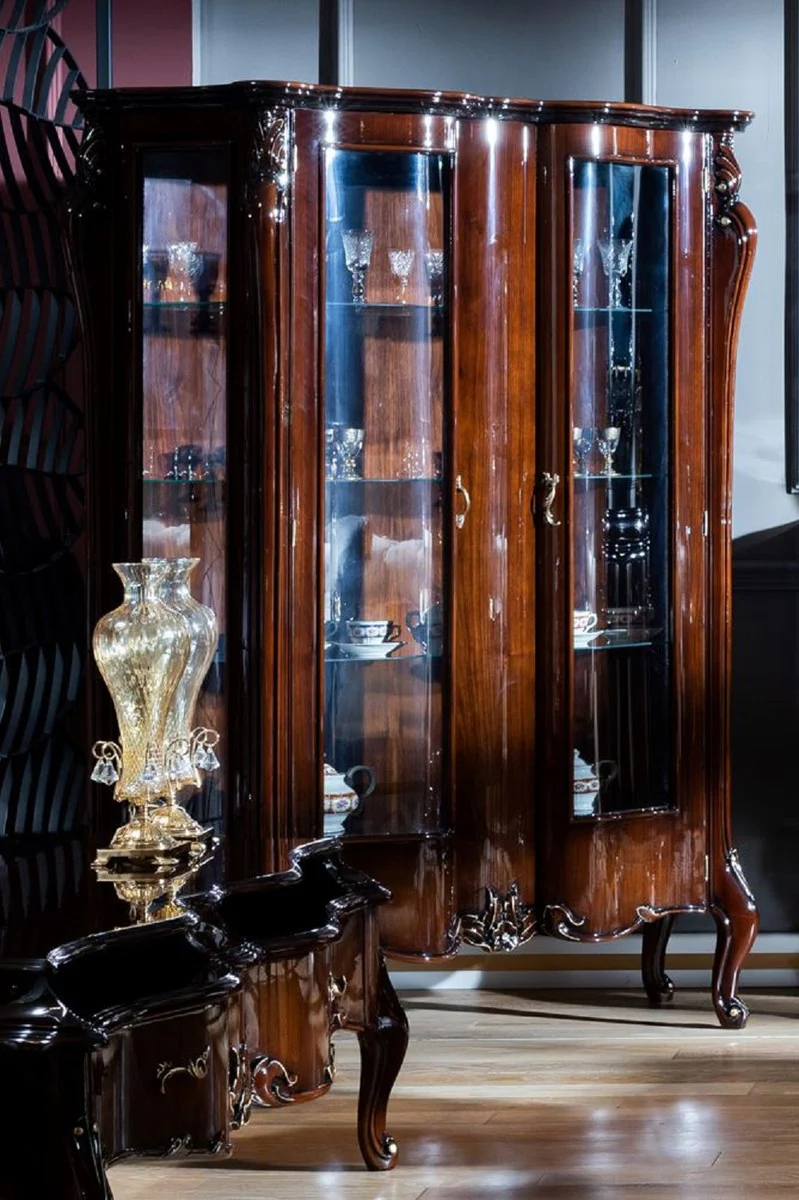 Luxury baroque display cabinet dark brown / gold - handmade solid wood display cabinet with 2 glass doors - baroque furniture