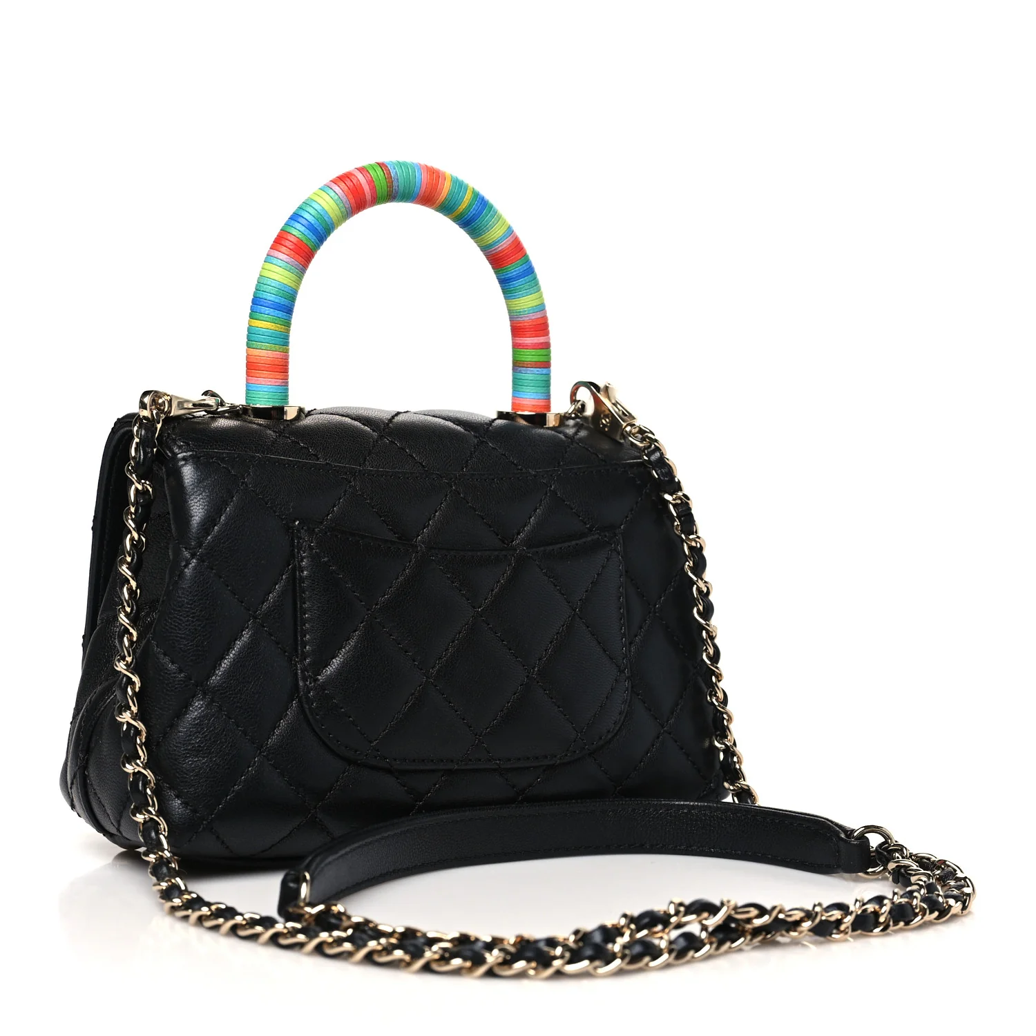 Goatskin Quilted Rainbow Extra Mini Coco Handle Flap Black - Top Club
