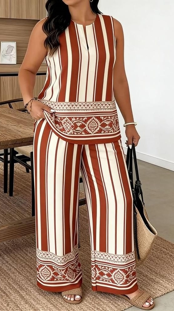 Women's Printed Casual Set with Round Neck and Side Slits - Nordfashionstorm - Women's Clothing, Fashion for You - Nordfashionstorm.com