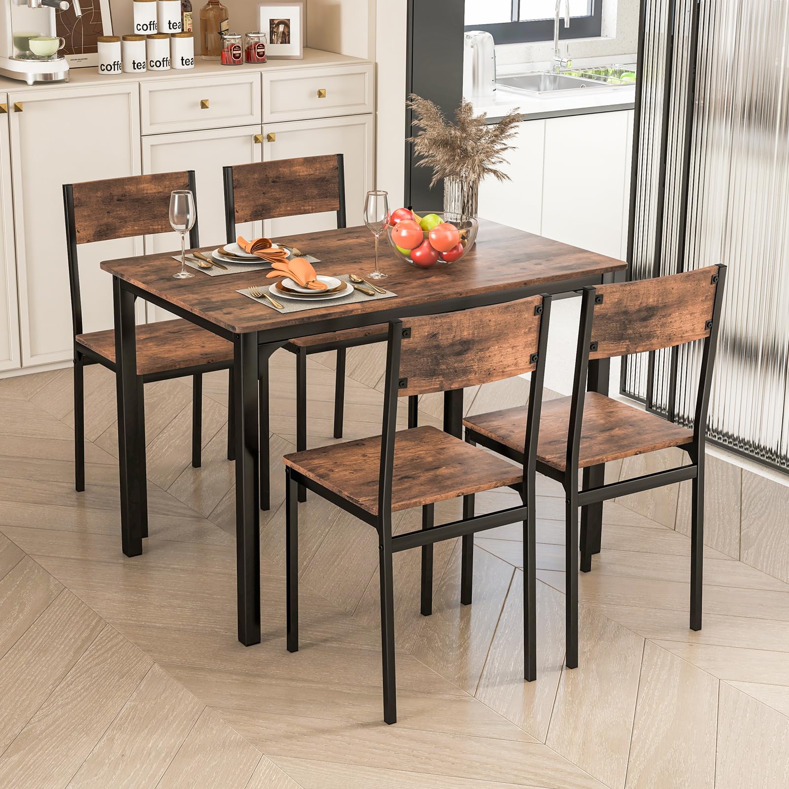BEFOUNDLOVELY 5-Piece Dining Table Set, Industrial Kitchen Table and Chairs for 4 with Backrest and Metal Frame