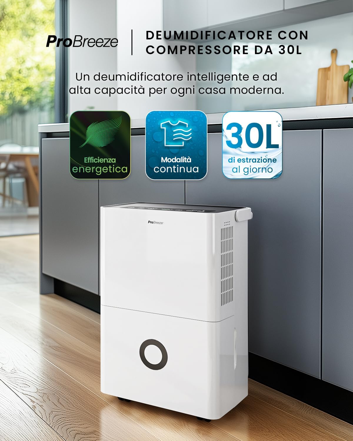 Pro Breeze Deumidificatore Casa Muffa 30L/giorno, display digitale 'umidità, Drenaggio continuo, Timer 24 ore, Funzione di sbrinamento automatico - Ideale per umidità e condensa