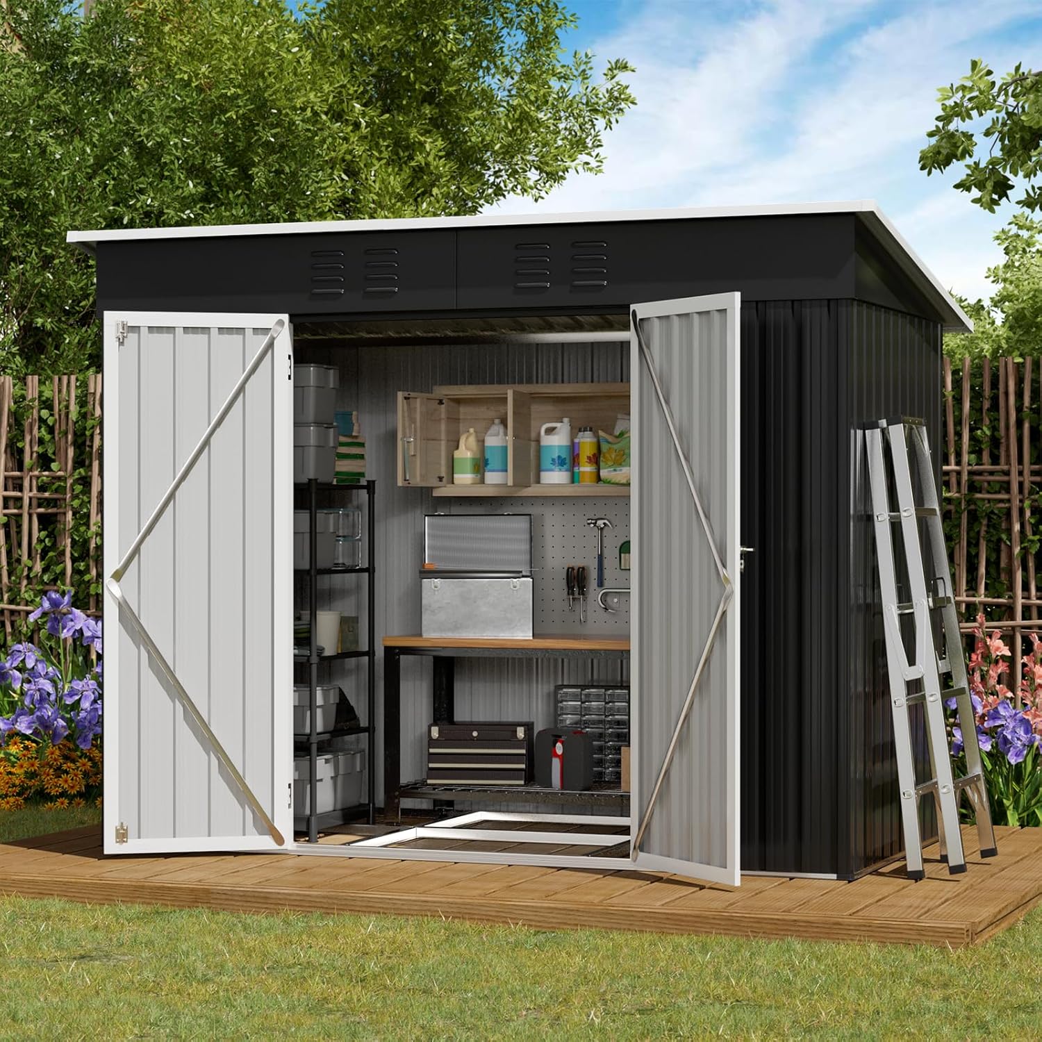 Amopatio Casetta da giardino con tetto spiovente, 228 x 109 x 182 cm, casetta da giardino in metallo con porta, copertura zincata da giardino in metallo con cornice，Nero