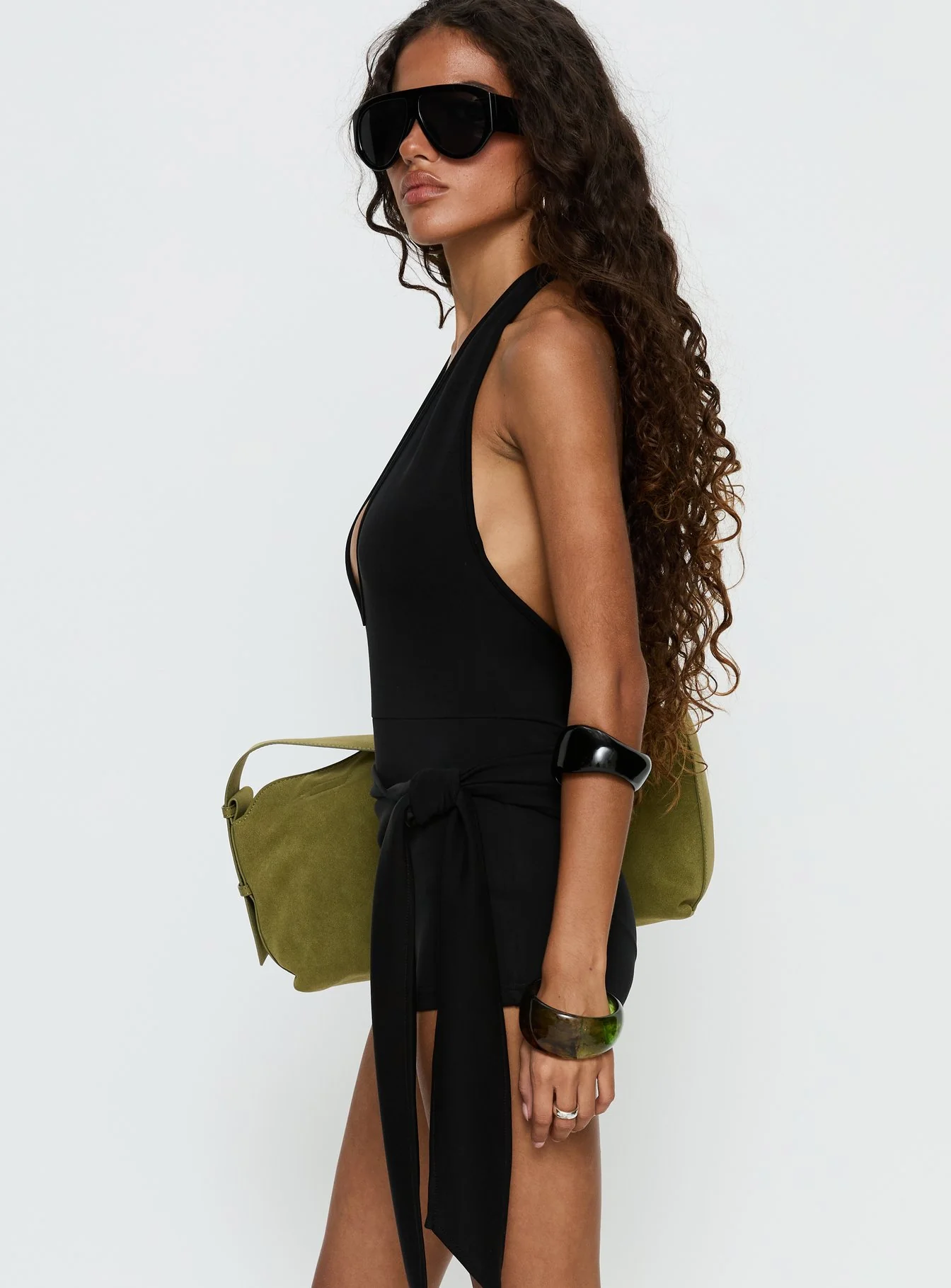 Relina Plunge Neck Halter Playsuit Black