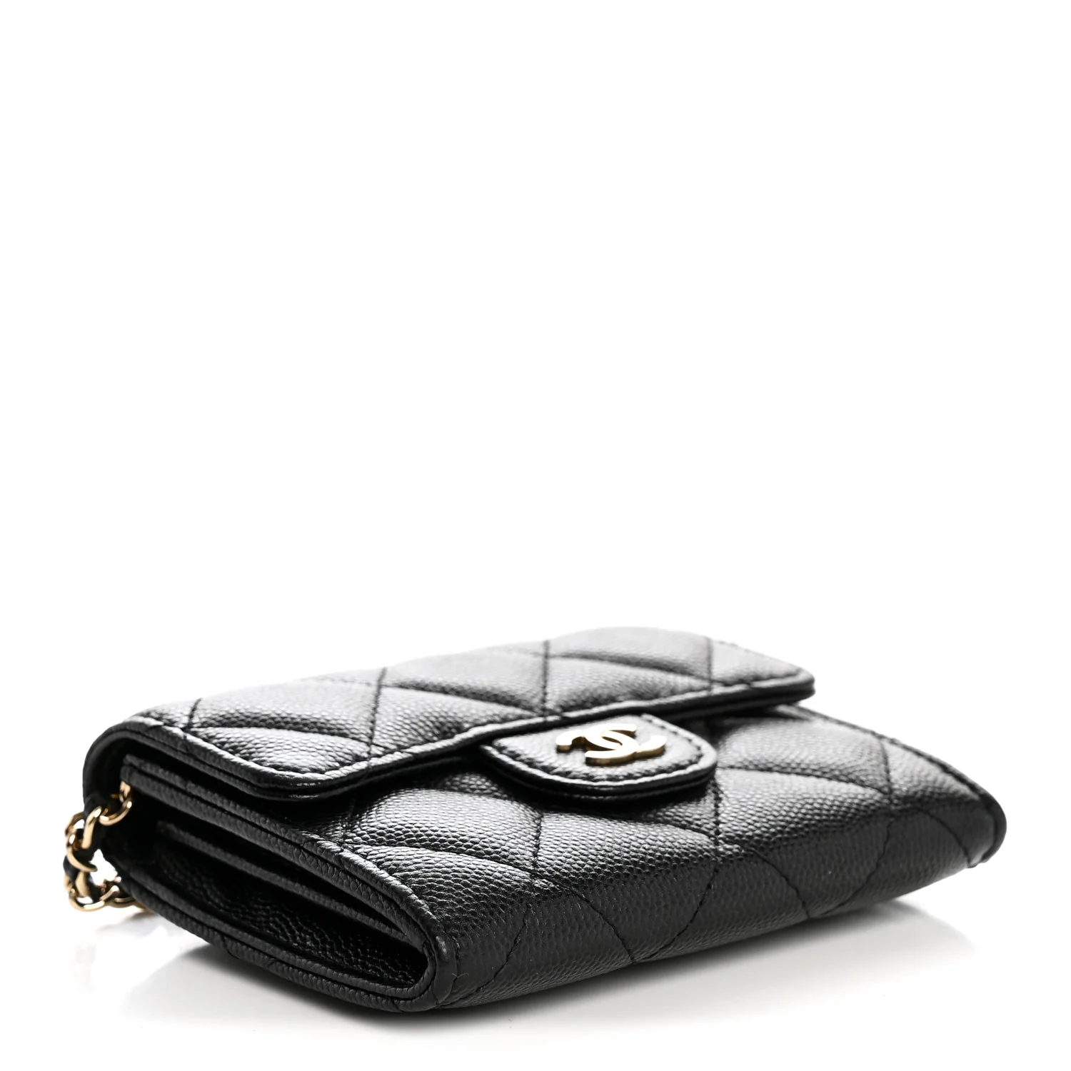 Caviar Quilted Flap Card Holder On Chain Black - Top Club