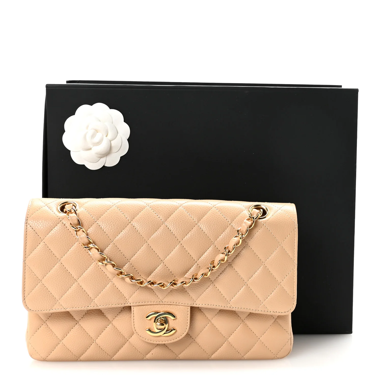 Caviar Quilted Medium Double Flap Beige - Top Club