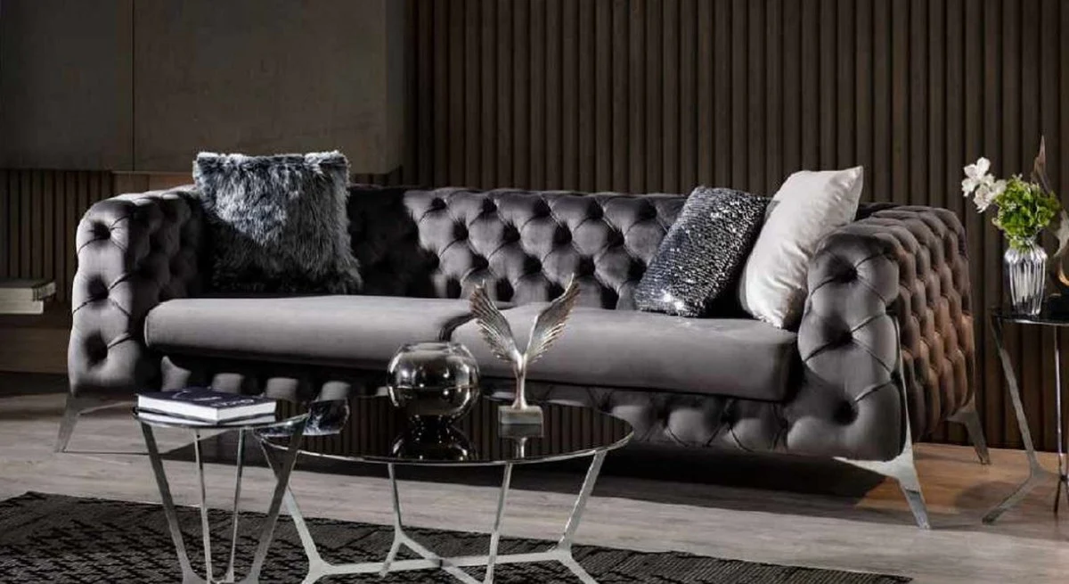 Luxury Chesterfield sofa gray / silver 240 x 100 x H. 72 cm - Living room sofa - Chesterfield living room furniture
