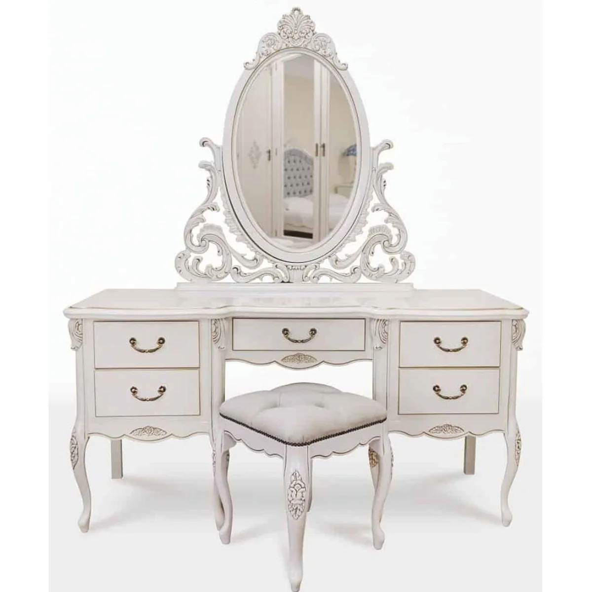 Luxury Baroque Dressing Table Set White / Light Gray - Baroque Bedroom Furniture