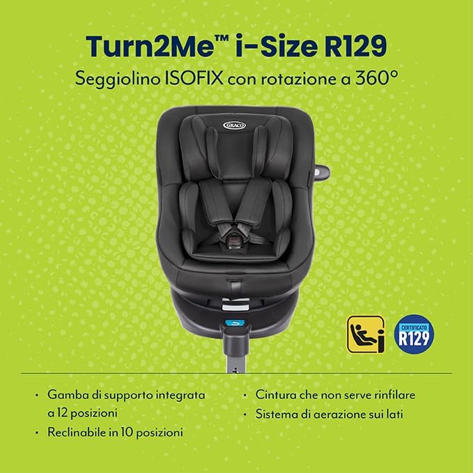 Graco - Turn2Me™ i-Size R129 Seggiolino auto ISOFIX con rotazione di 360°, da 40 a 105 cm (dalla nascita fino ai 4 anni circa), colore Midnight