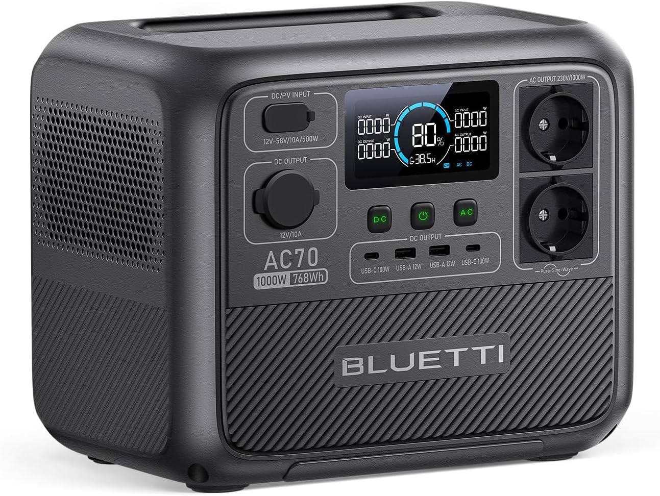 BLUETTI Stazione elettrica portatile AC70, batteria LiFePO4 768Wh, 2 prese AC 1000W (2000W pic), porta USB Type-C 100W, prodotto ricondizionato