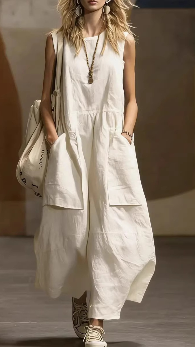 Women's Loose-Fit, Simple, Sleeveless Cotton-Linen Dress with Pockets - Nordfashionstorm - Women's Clothing, Fashion for You - Nordfashionstorm.com