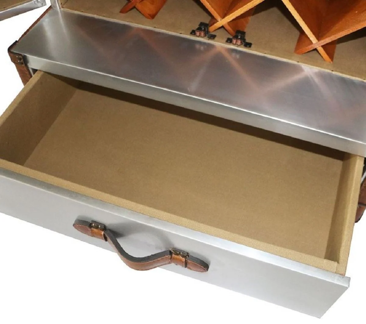 Luxury wine cabinet silver / brown 63 x 52 x H. 130 cm - aluminum suitcase cabinet with real leather - bar cabinet in suitcase design - luxury bar furniture
