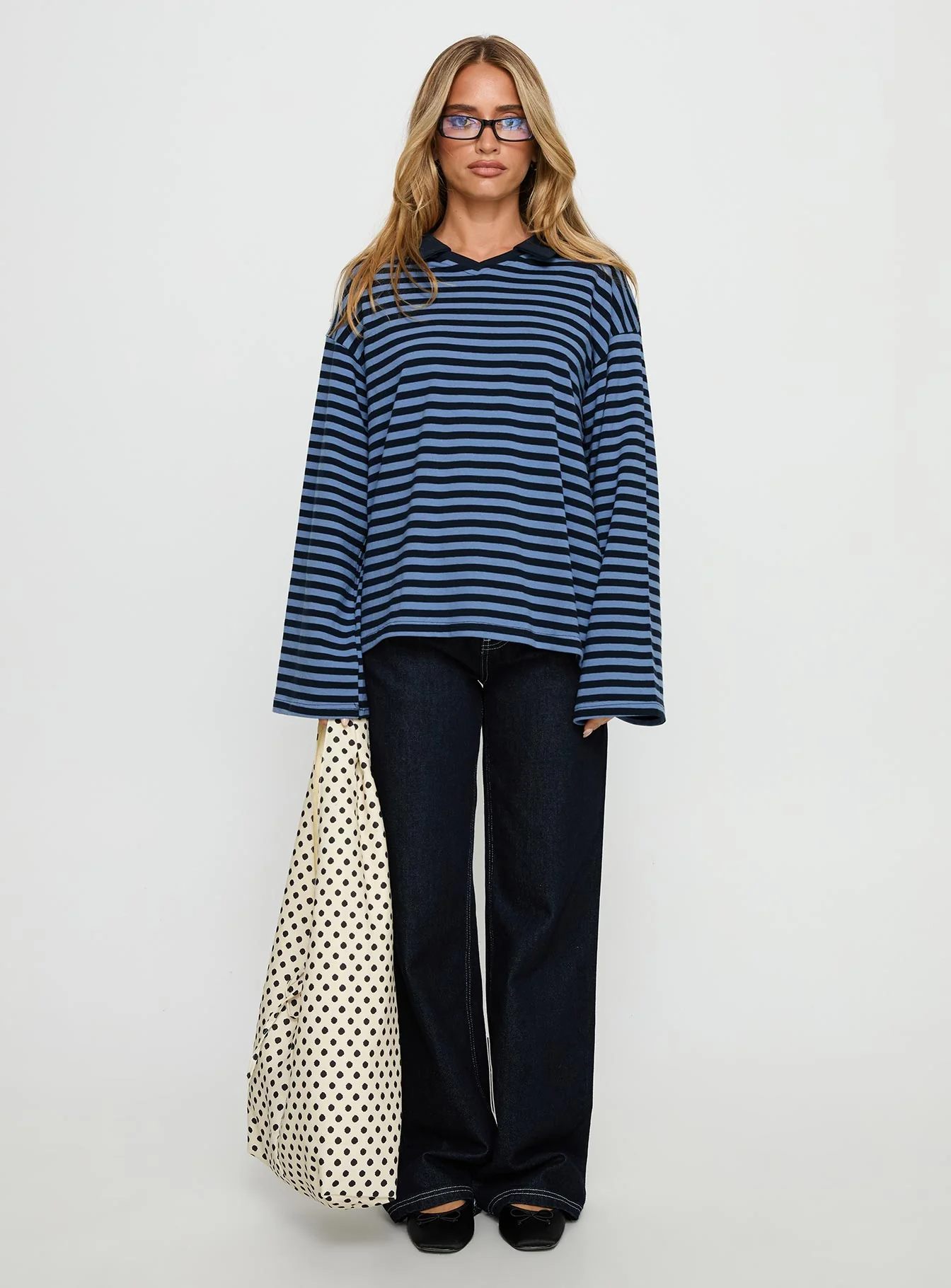 Settle Down Collared Long Sleeve Top Navy Stripe