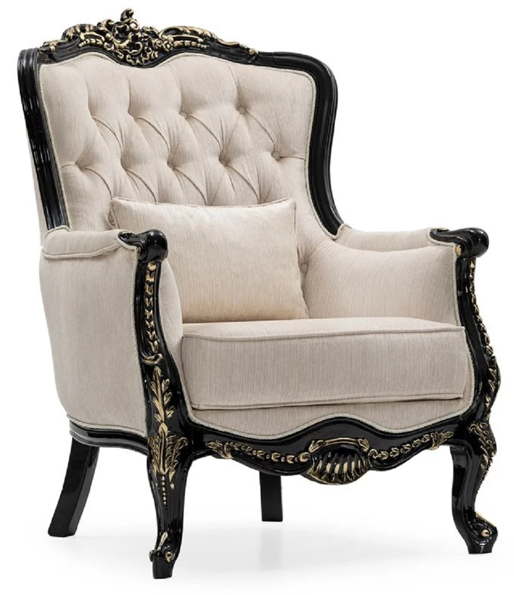 Luxury Baroque Living Room Set Cream / Black / Gold - 2 Sofas & 2 Armchairs & 1 Coffee Table - Handcrafted Living Room Furniture in Baroque Style - Noble & Magnificent