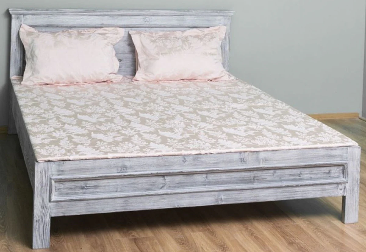 Country house style solid wood bed antique gray 160 x 200 x H. 93 cm - solid wood double bed - country house style bedroom furniture