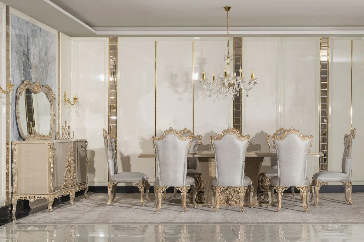Luxury Baroque Dining Room Set Silver / Gray / Gold - 1 Baroque Dining Table & 8 Baroque Dining Chairs