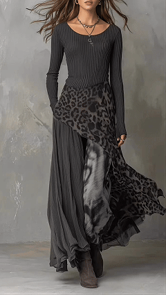 Women's Cotton‑blend Dark‑gray Leopard‑print Spliced U‑neck Long‑sleeve Irregular Flared Maxi Dress - Nordfashionstorm - Women's Clothing, Fashion for You - Nordfashionstorm.com