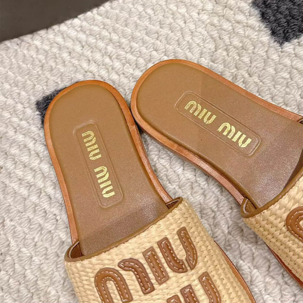 MiuMiu Raffia Slide Sandals - Top Club