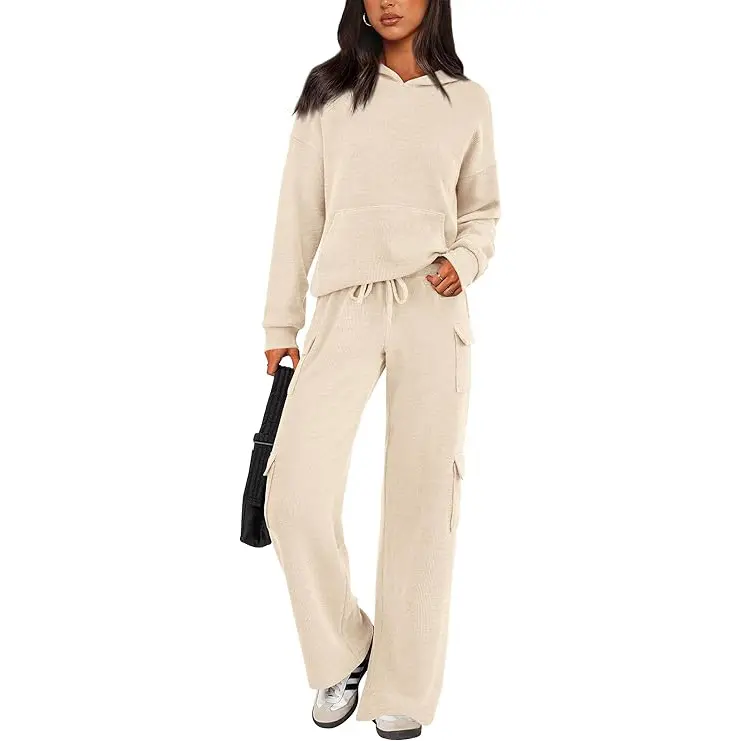 PRETTYGARDEN Women's Navy Blue 2-Piece Knitted Sets Hoodie & Wide Leg Pants with Pockets Drawstring Long Sleeve Loungewear Tracksuits Basic Fitted Clothes