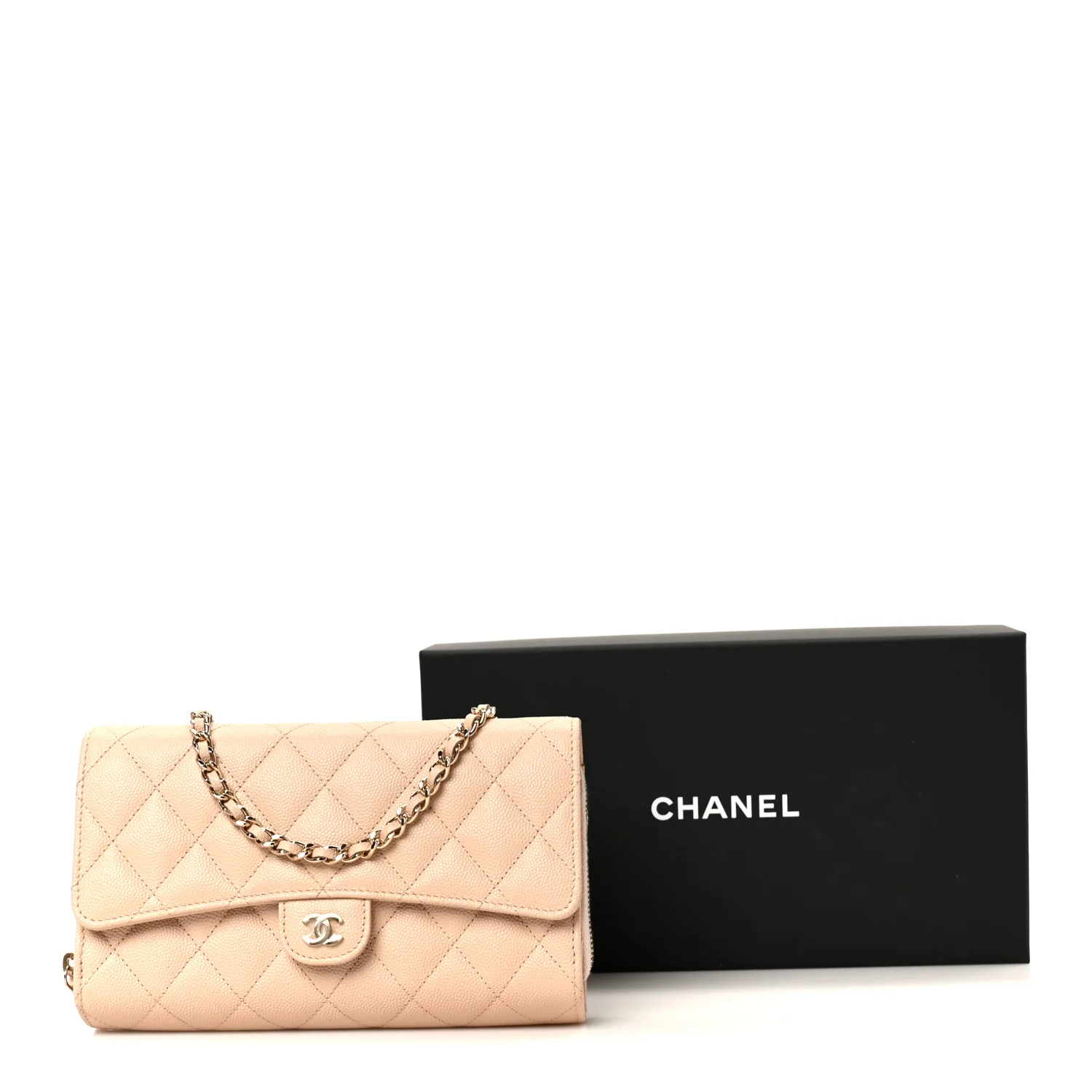 Caviar Quilted Phone Holder Wallet on Removable Chain Light Beige - Top Club