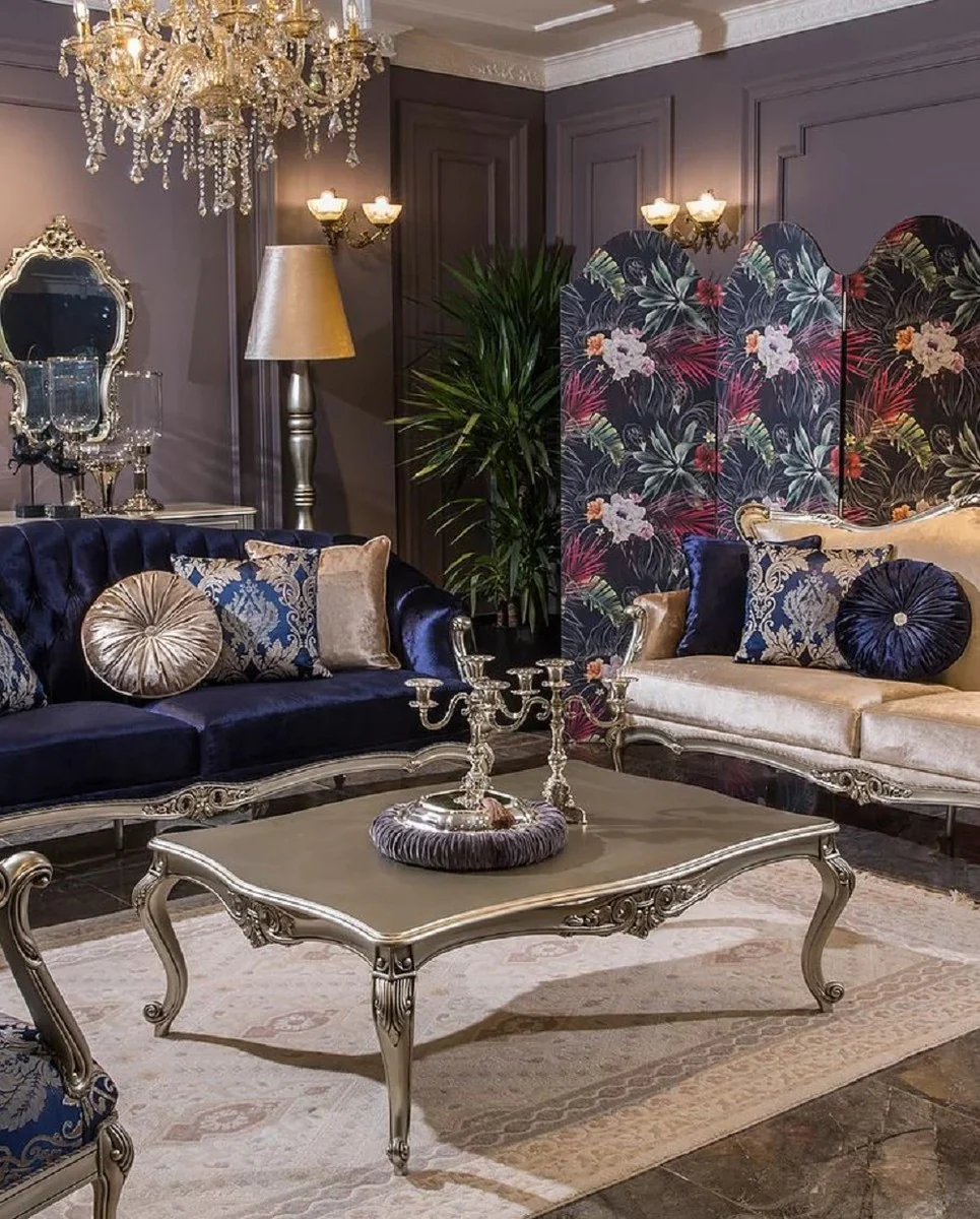Luxury baroque coffee table silver 126 x 92 x H. 43 cm - Rectangular solid wood living room table in baroque style - Baroque living room furniture