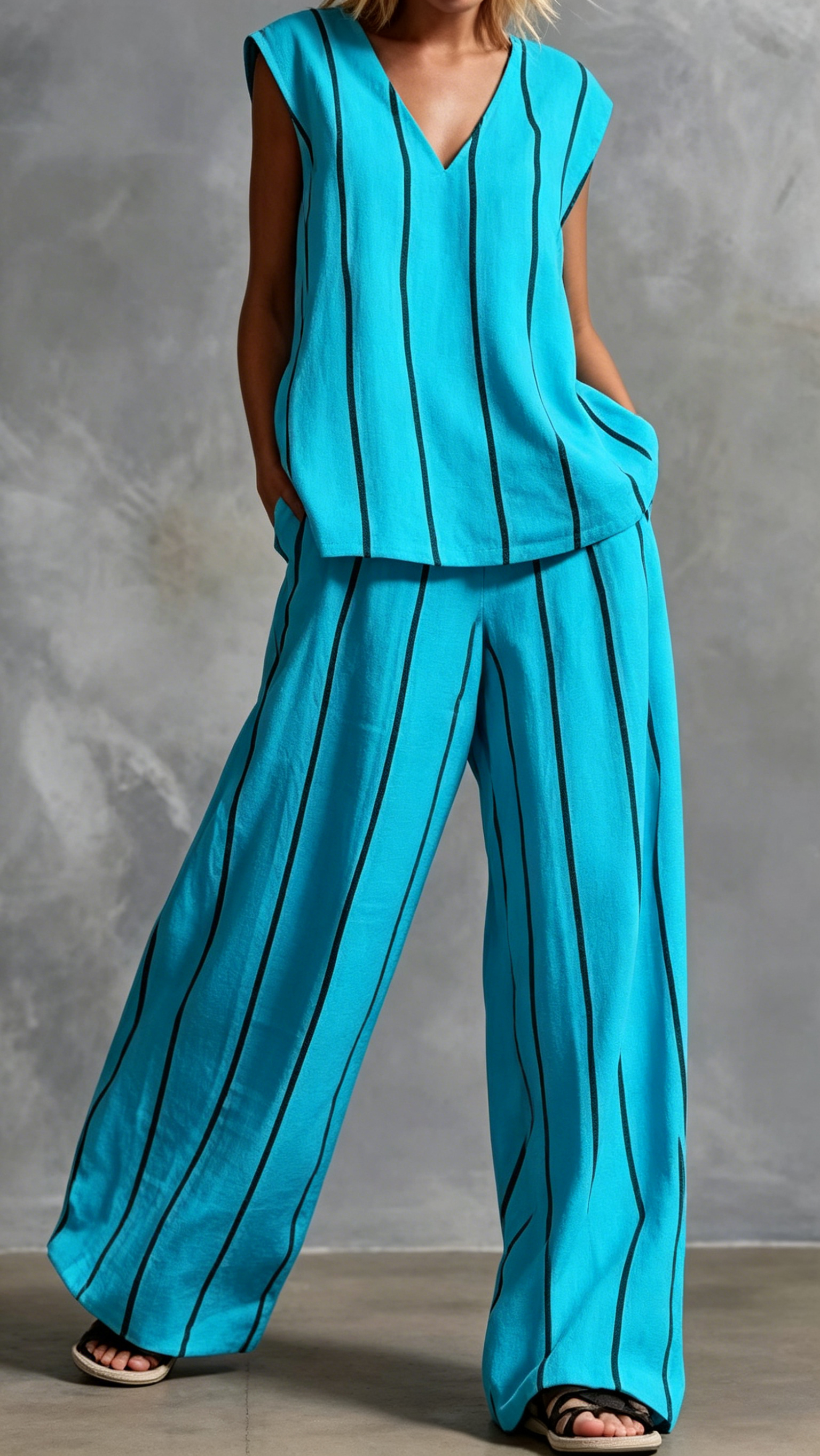 Women's Vertical-Stripe Loose-Fit Slimming Cotton-Linen Two-Piece Set - Nordfashionstorm - Women's Clothing, Fashion for You - Nordfashionstorm.com