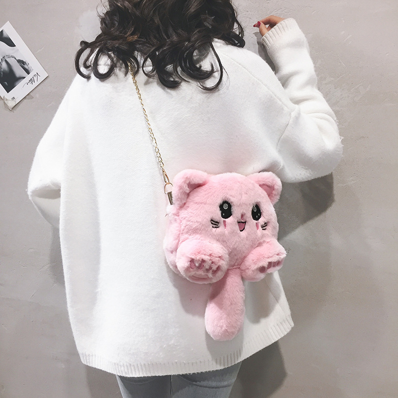 Fashionable plush bag for women, cute cartoon furry bag, kitten doll bag, girl's shoulder bag, crossbody bag
