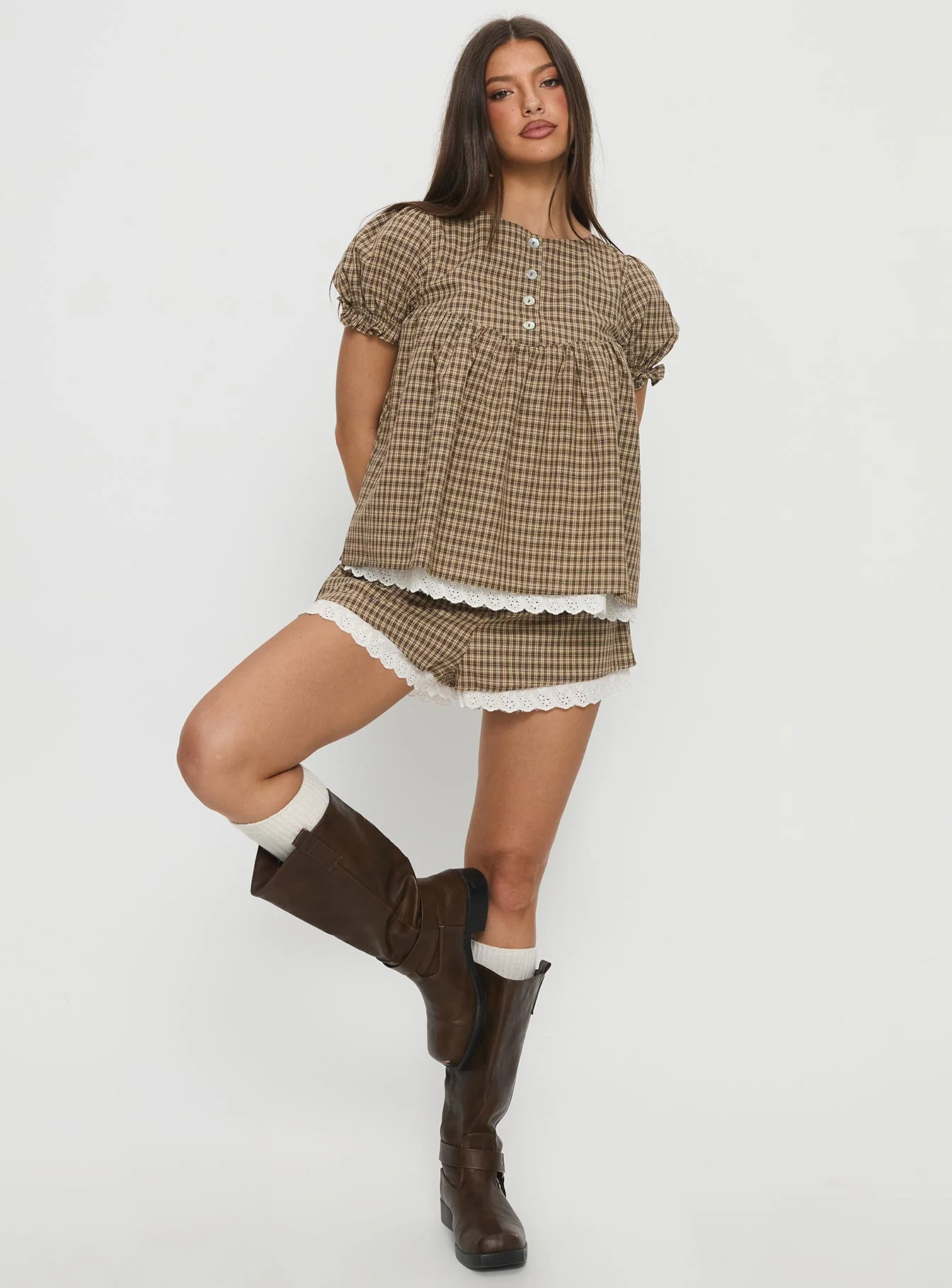 Chandelier Babydoll Top Brown Check