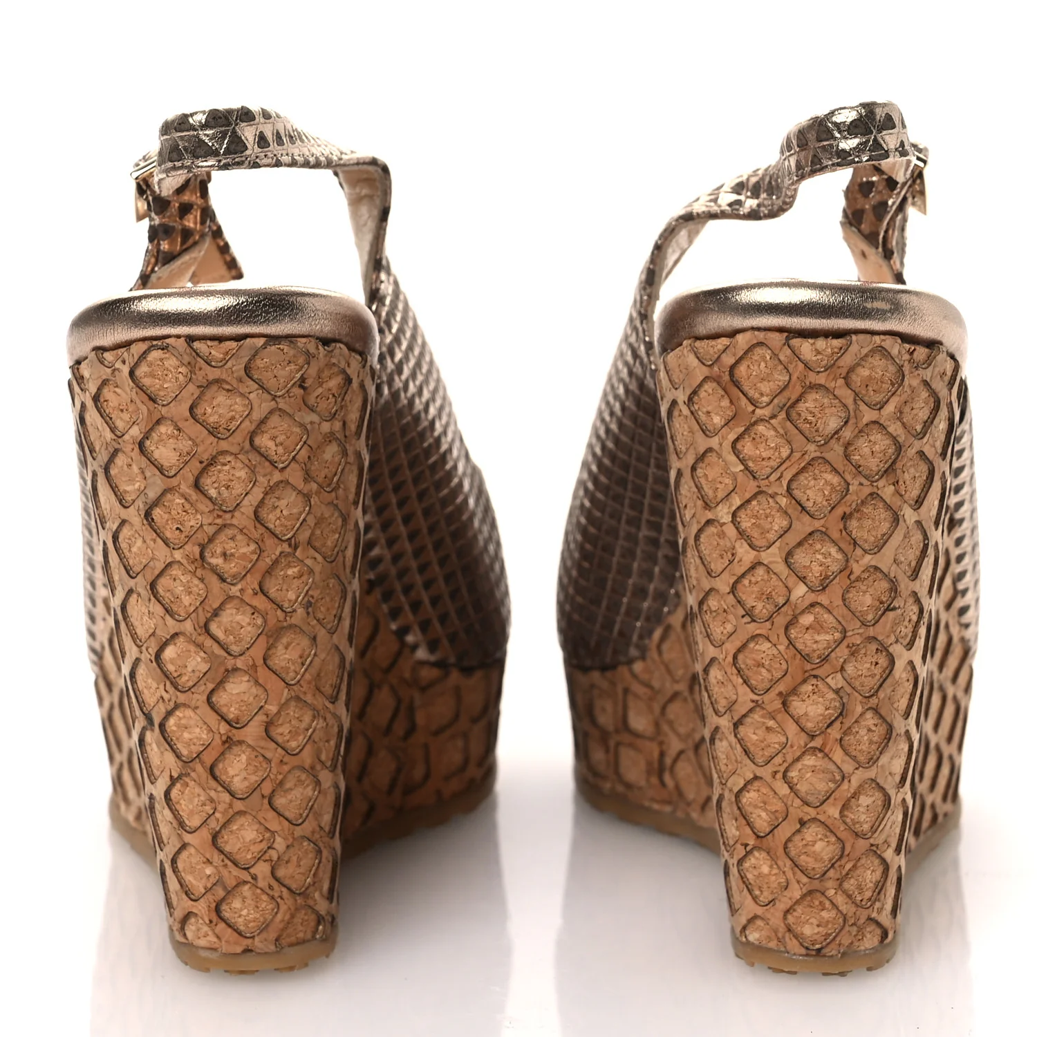 Metallic Embossed Calfskin Pacific 120mm Peep-Toe Cork Wedge Sandal 36 Gold - Top Club