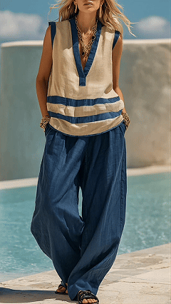 Women's  Color-Block Stripe Cotton-Blend Two-Piece Set - Nordfashionstorm - Women's Clothing, Fashion for You - Nordfashionstorm.com