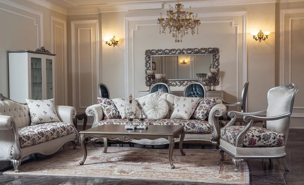 Luxury baroque coffee table silver 126 x 90 x H. 45 cm - Rectangular solid wood living room table in baroque style - Baroque living room furniture