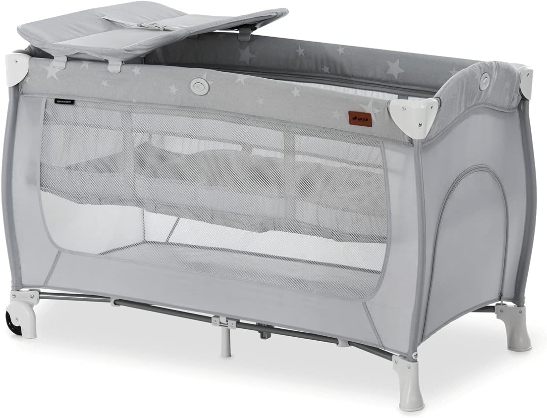 Hauck Sleep N Play Center Baby Travel Crib, from Birth to 15 kg, Crib Park, 120x60 cm, Double Height Travel Crib, Changing Table, with Wheels, Foldable, Side Entry, Compact, Stars, Gray