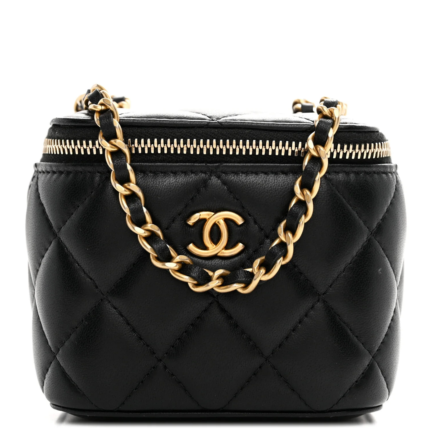 Lambskin Quilted Mini Pearl Crush Vanity Case With Chain Black - Top Club