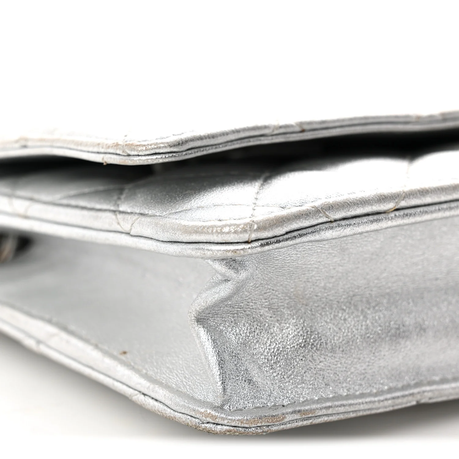 Metallic Lambskin Quilted Wallet On Chain WOC Silver - Top Club