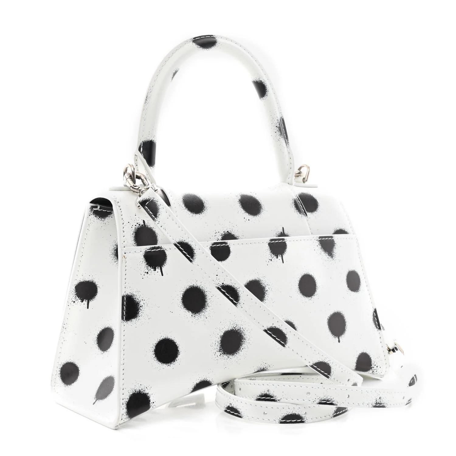 Smooth Calfskin Spray Polka Dot Small Hourglass Top Handle Bag White Black - Top Club