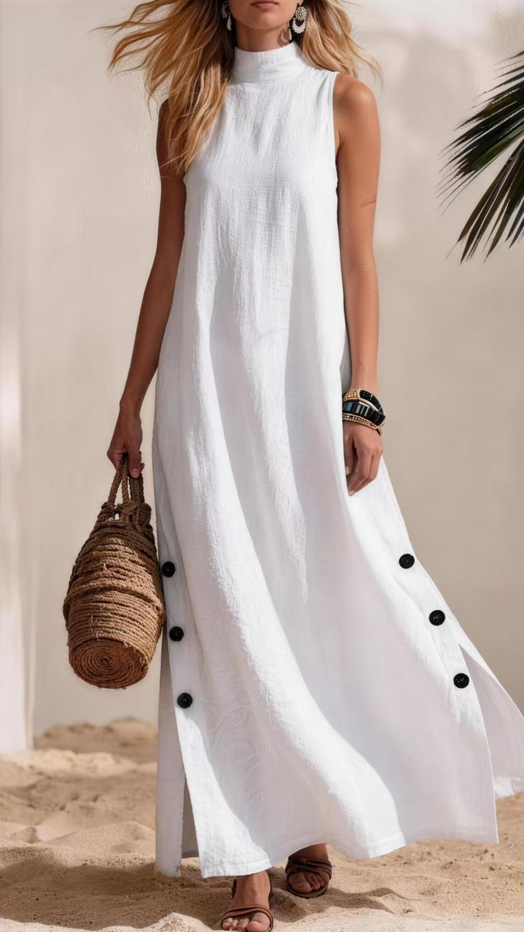 Women's Cotton-Blend High-Neck Sleeveless Slit Maxi Dress - Nordfashionstorm - Women's Clothing, Fashion for You - Nordfashionstorm.com