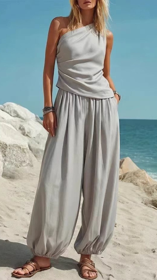 Women's Sleeveless Vest and Loose High-Waisted Trousers Two-Piece Set - Nordfashionstorm - Women's Clothing, Fashion for You - Nordfashionstorm.com