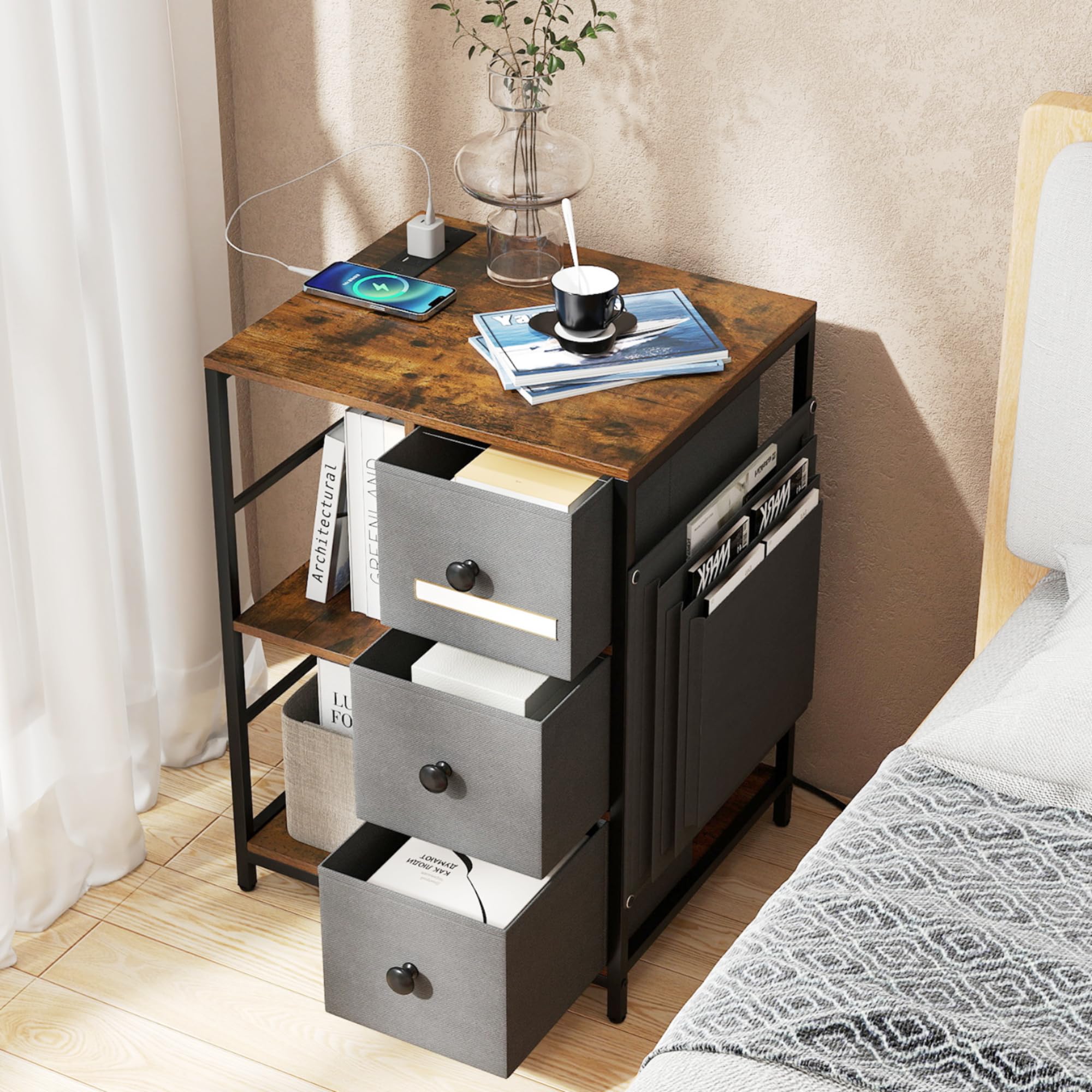 BEFOUNDLOVELY 3-Tier Nightstand with Charging Station